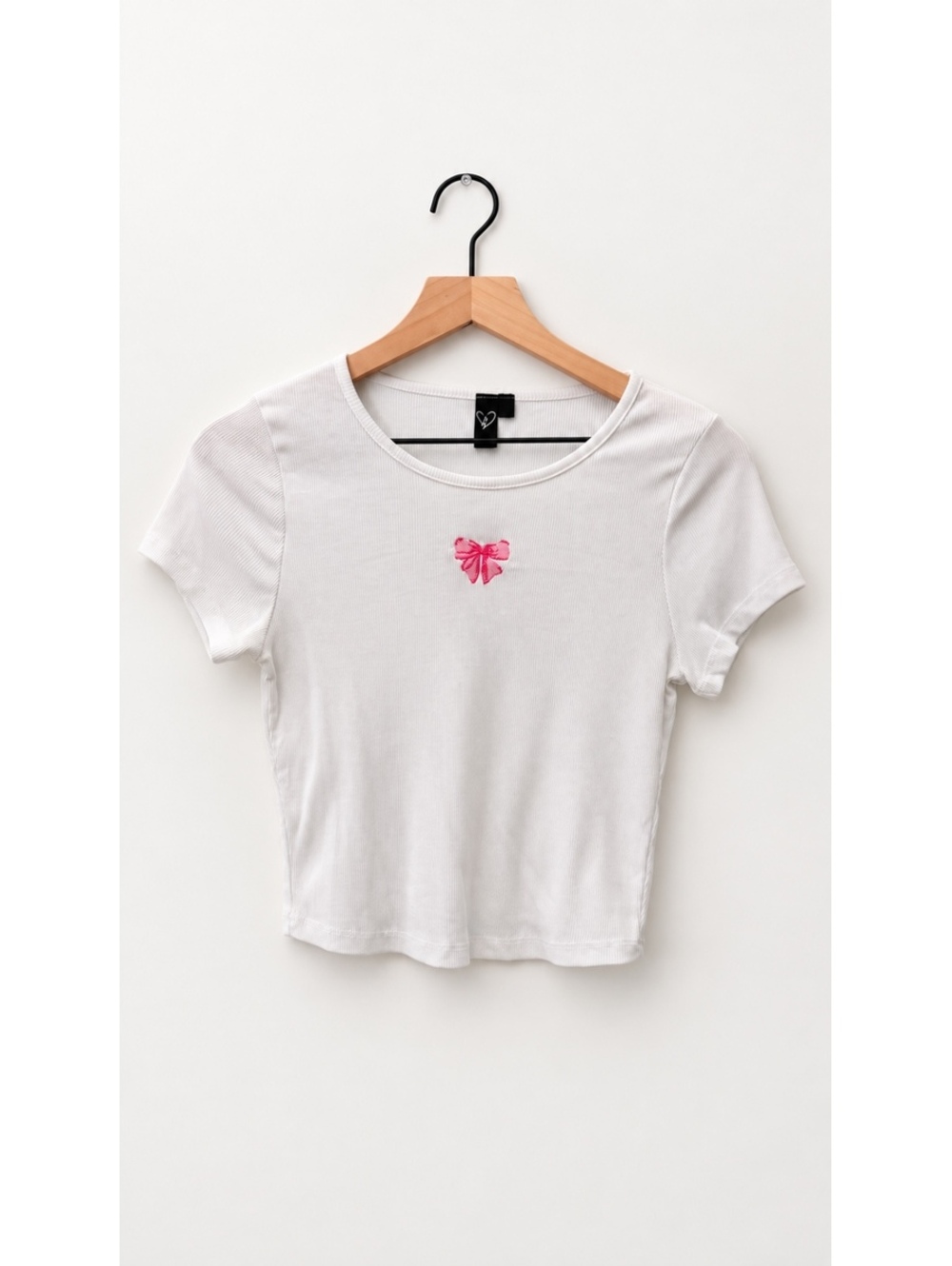 Windsor White Ribbed Pink Bow Crop Top Coquette Baby Tee Estimated XS